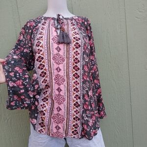 Pink and Black Floral Tassel Peasant Blouse